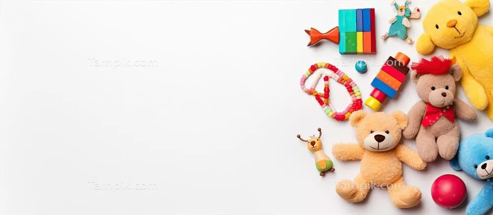 مجموعهای از اسباببازیهای نوزادان و کودکان با زمینه سفید و نمایی از بالا