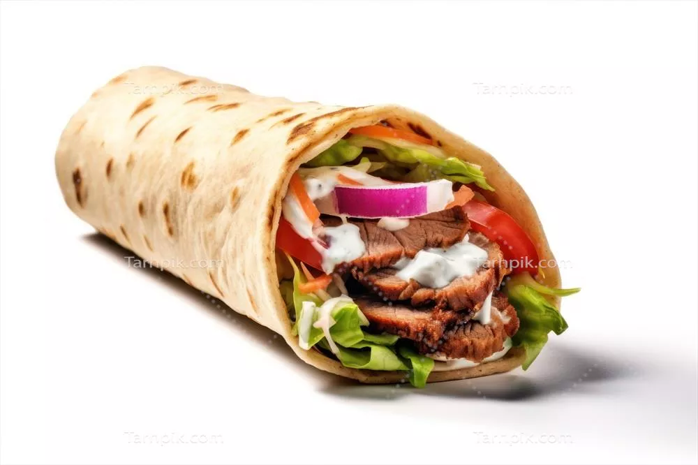 کباب دونر با طراحی هوش مصنوعی و پس‌زمینه سفید به صورت ایزوله