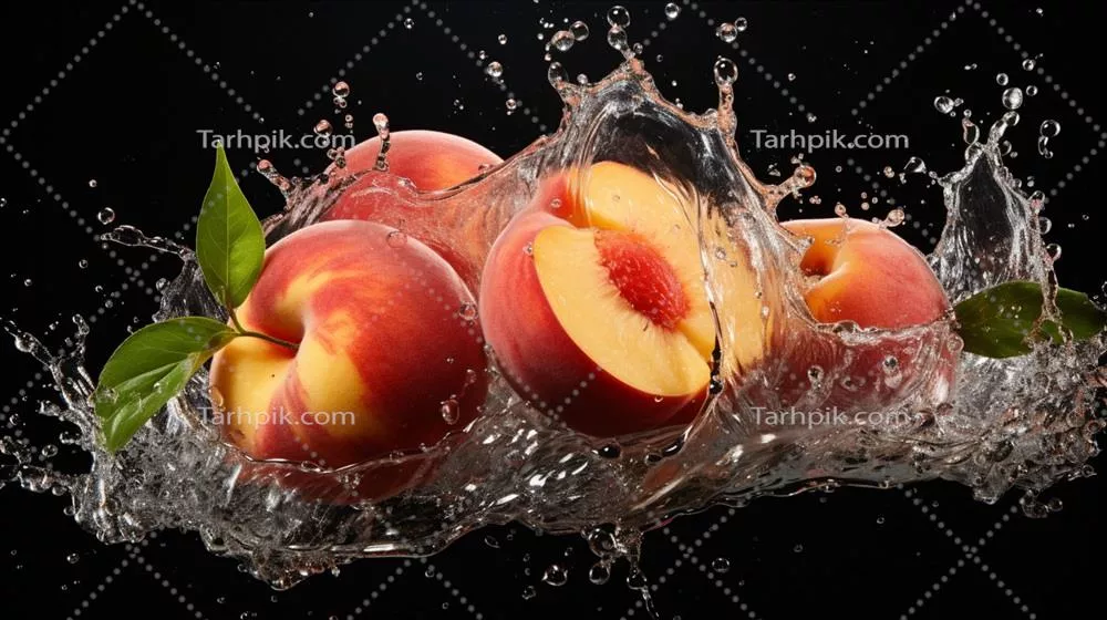 هلو تازه و آبدار با پاشش آب بر روی زمینه، میوه‌ای سالم و مغذی