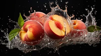 هلو تازه و آبدار با پاشش آب بر روی زمینه، میوهای سالم و مغذی