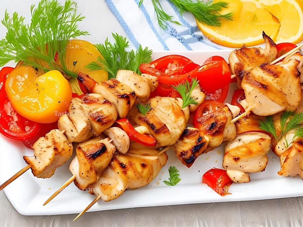 سیخ کباب مرغ با برش‌های فلفل دلمه‌ای شیرین و گوجه‌فرنگی