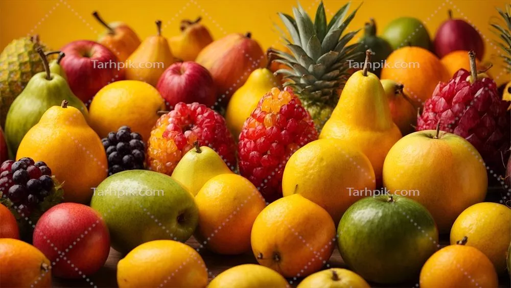 طیفی از میوههای گرمسیری عجیب و غریب و رنگارنگ در خط زرد تولید شده با هوش مصنوعی