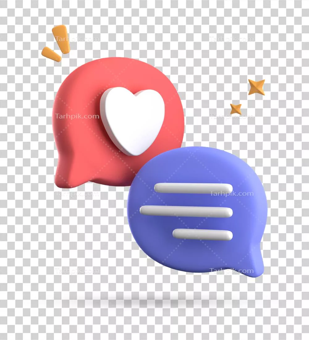 رندر سه بعدی حباب عشق با آیکون‌های اعلان و آیکون‌های چت پاستیلی
