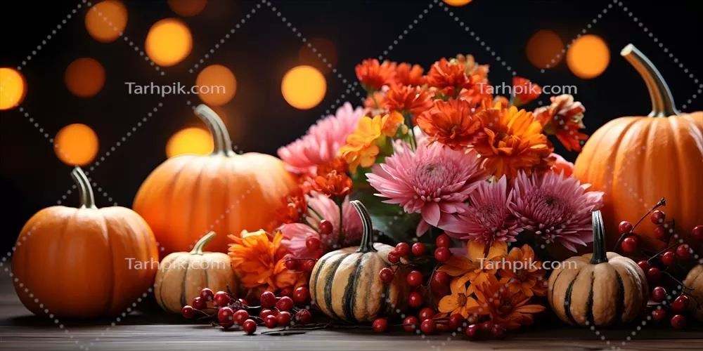 تزئینات پاییزی جشنواره با کدو تنبل، گل‌ها و برگ‌های زرد، ایده بنر روز شکرگذاری یا هالووین