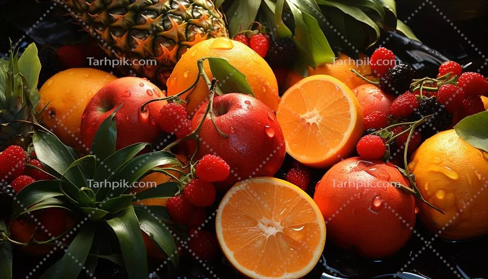 تازهترین و طبیعیترین مجموعهای از میوههای ارگانیک با طراوت تولید شده توسط هوش مصنوعی