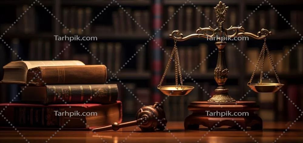 تصویری سهبعدی از سیستم حقوقی و عدالت با چکش و ترازو بر روی میز