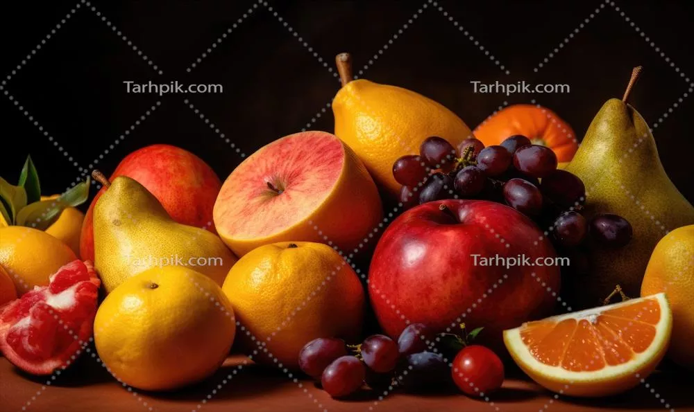 نمایش زنده‌ای از میوه‌های تازه و متنوع بر روی پس‌زمینه رنگارنگ با استفاده از ابزارهای هوش مصنوعی مولد