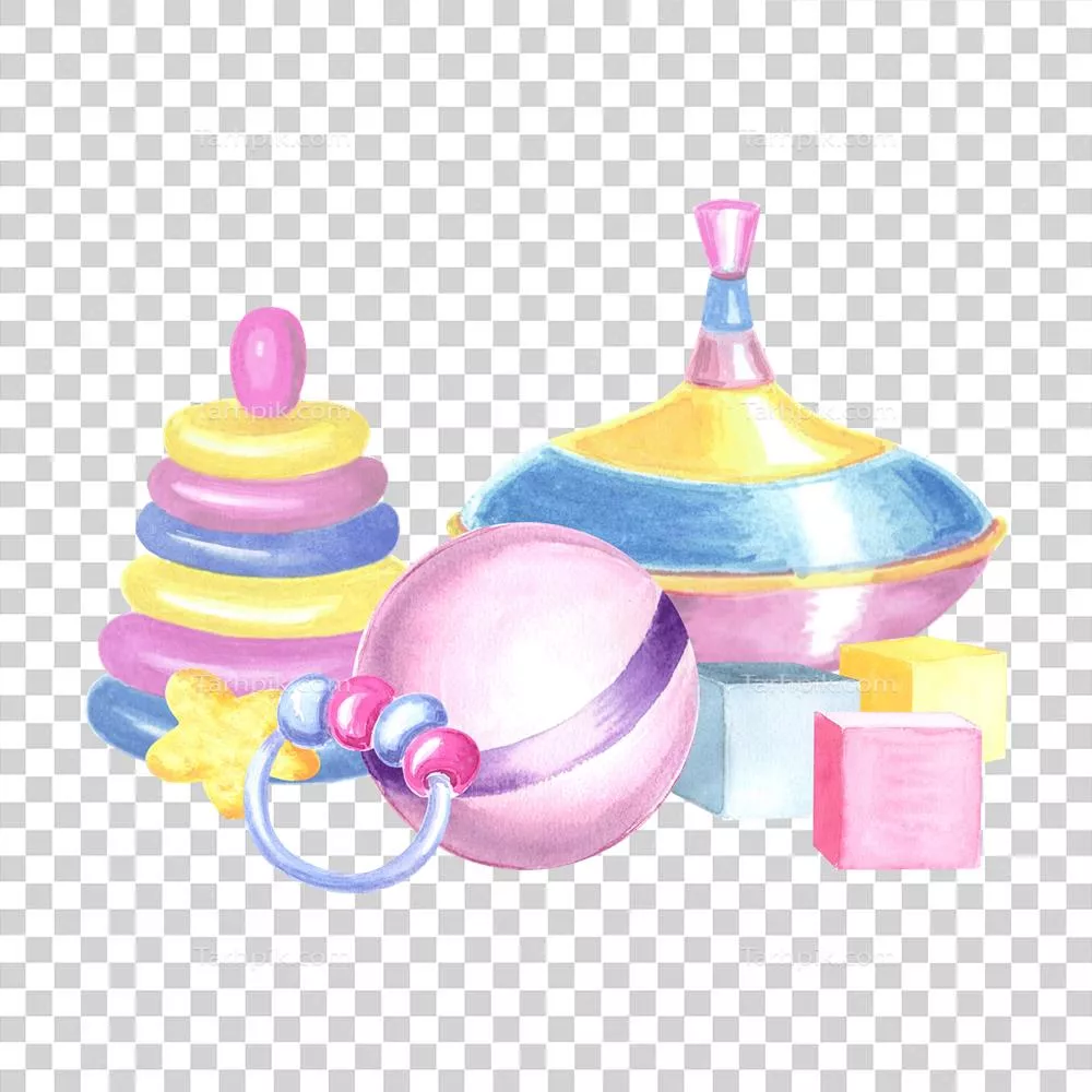 ترکیب آبرنگی با اسباب بازی های نوزاد: هرم چرخنده و توپ برای طرح های مختلف