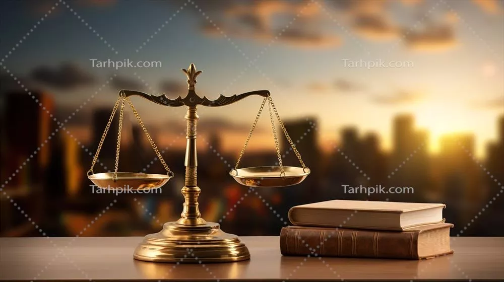 کتاب‌های حقوقی تولید شده توسط هوش مصنوعی: نماد عدالت با چکش و تراز در یک میز
