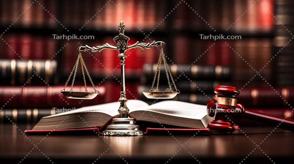 کتب حقوقی تولید شده توسط هوش مصنوعی با نمادهای عدالت بر روی میز