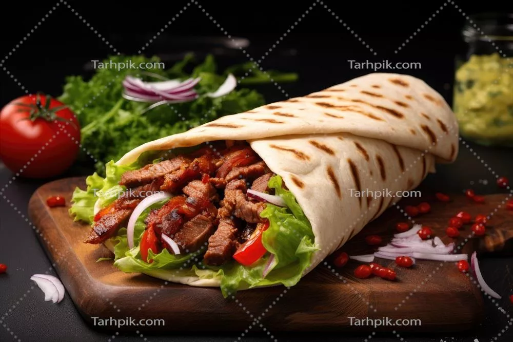 کباب دونر گوشت گریل شده در لواش بر روی تخته چوبی با برنج مرغ و غذاهای دیگر