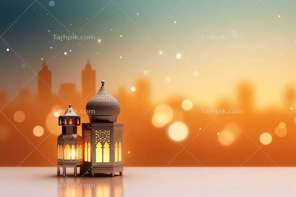 تبریکات عید مبارک و رمضان کریم با چراغ اسلامی و پس‌زمینه مسجد در عید فطر