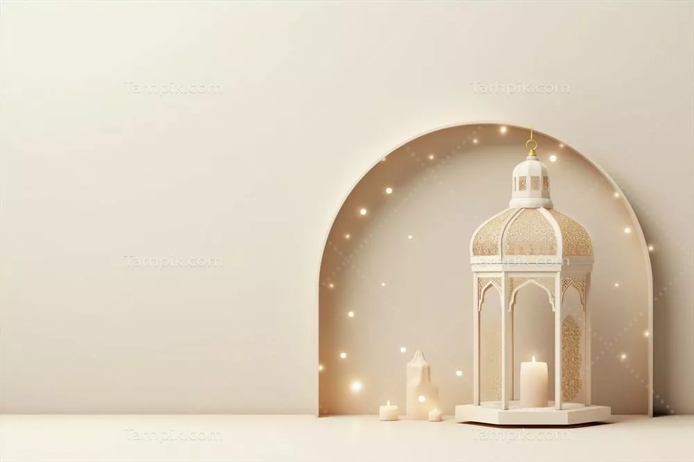تبریک عید فطر و رمضان کریم با چراغ اسلامی و پس‌زمینه مسجد