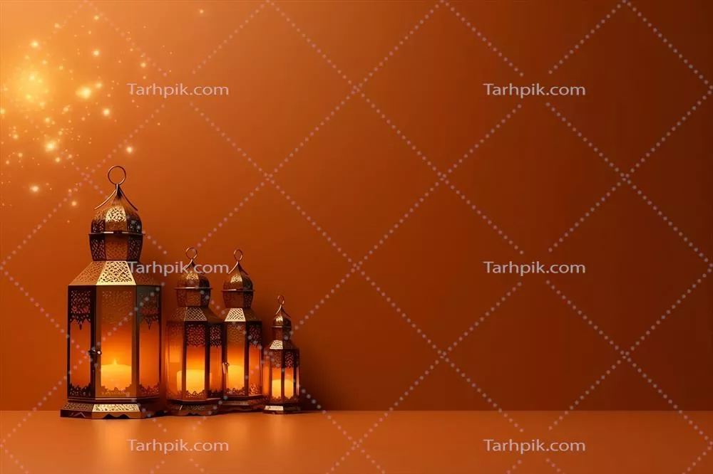 تبریک عید فطر و رمضان با تصویر چراغ اسلامی و مسجد در پس‌زمینه