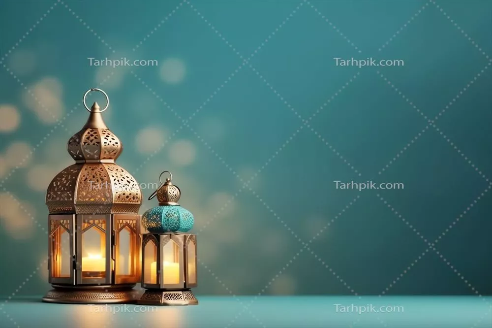 تبریکات عید مبارک و رمضان کریم با چراغ اسلامی و مسجد در پس‌زمینه عید فطر