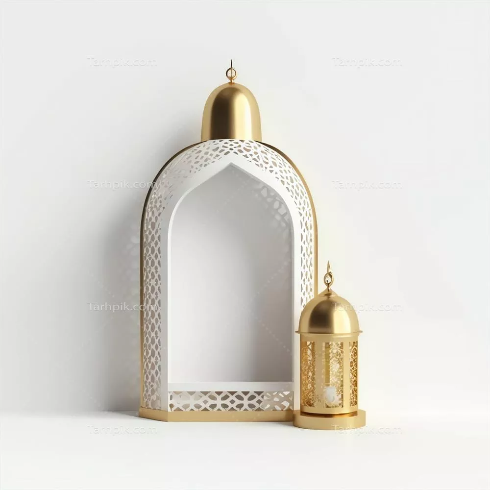 تبریک عید مبارک و رمضان کریم با چراغ اسلامی و مسجد در پس‌زمینه عید فطر