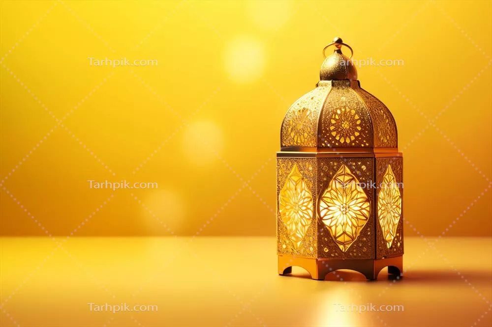 تبریک عید فطر و رمضان با چراغ اسلامی و پس‌زمینه مسجد