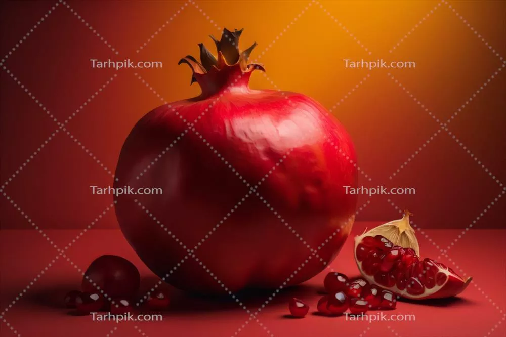 تصویر انار تولید شده با هوش مصنوعی بر روی پسزمینه قرمز با فضای خالی برای متن