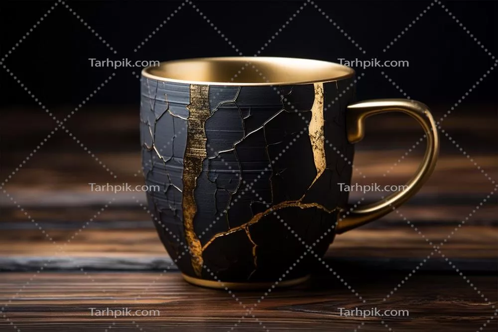 ماکت 3D فنجان قهوه تولیدشده با هوش مصنوعی بر روی میز چوبی با شیشه شکسته