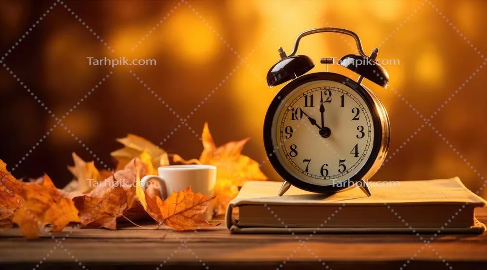 ساعت زنگدار با طراحی هوش مصنوعی و هدیه برگ پاییزی روی میز