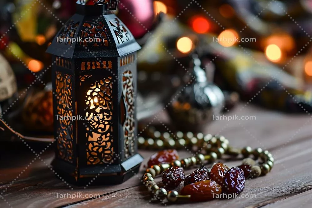 طرح mockup روزه داران رمضان با نمای بالا، بشقاب برنزی با خرما و شاخه زیتون بر روی میز مرمر سفید درخشان