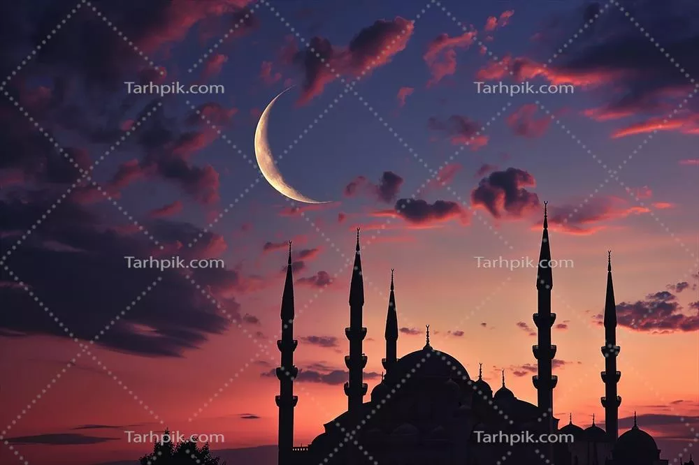 پس‌زمینه اسلامی با سیلوئت مسجد در شب و ماه در آسمان آبی