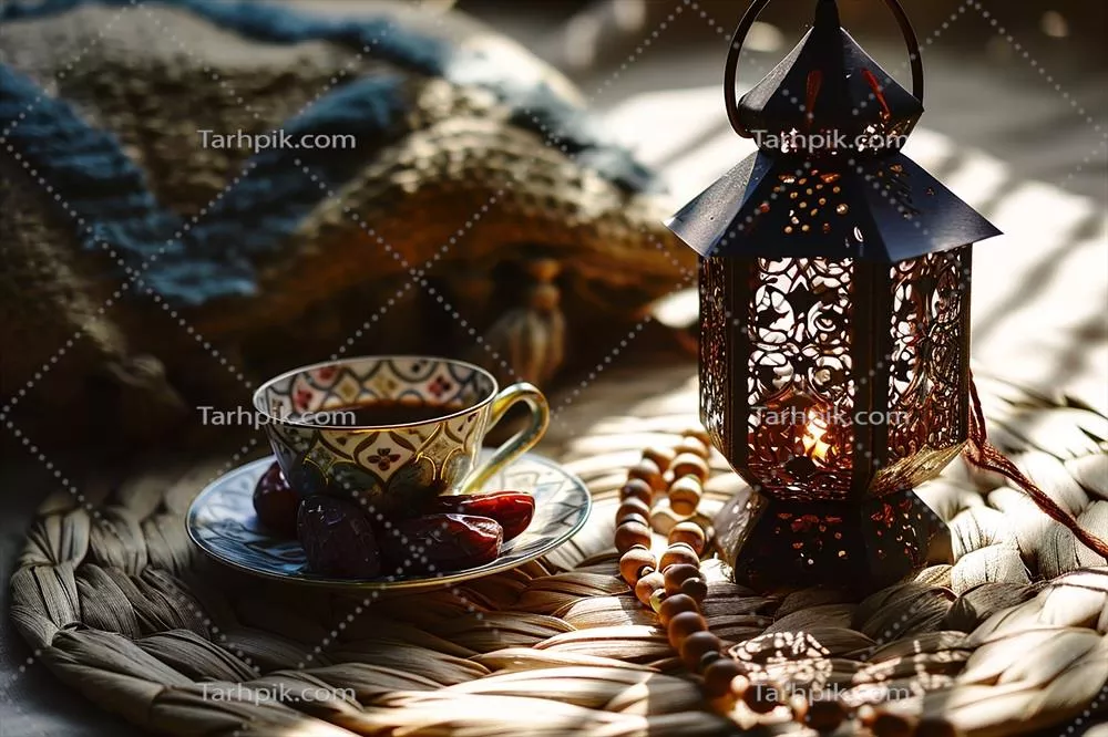 نمونه طراحی رمضان کریم با صفحه برنزی و میوههای خرما و شاخههای زیتون بر روی میز مرمری سفید درخشان