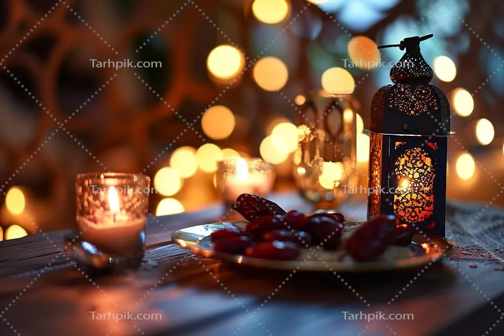 لوح زینتی عربی تولید شده با هوش مصنوعی با میوه خرما برای افطار در رمضان