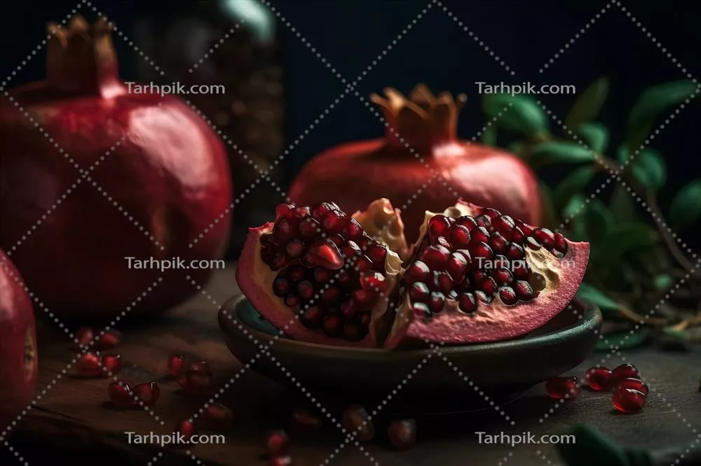 انار رسیده و آبدار تولید شده با هوش مصنوعی بر روی میز چوبی قدیمی