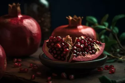 انار رسیده و آبدار تولید شده با هوش مصنوعی بر روی میز چوبی قدیمی