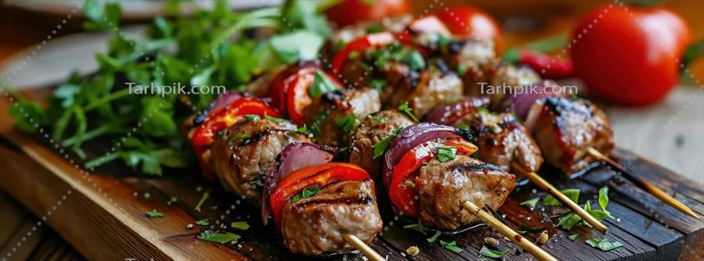تصویری از کباب بر روی میز چوبی با سبزیجات و گوشت در بالای آن