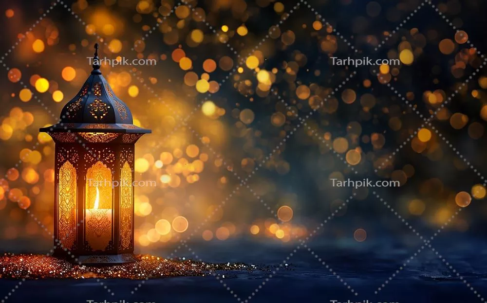 چراغ عربی درخشان با شمع و بک گراند طلایی برای رمضان کریم