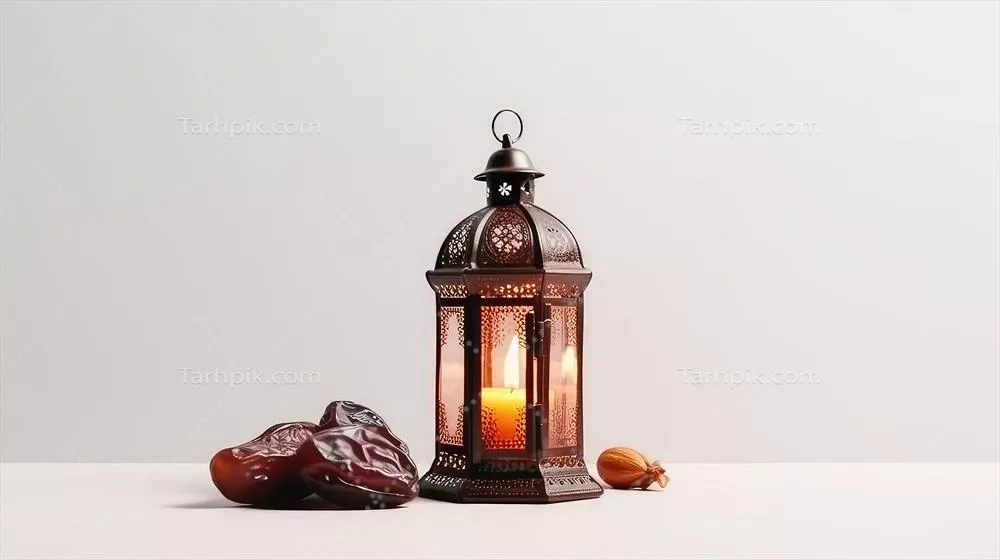 مصنوعات هوشمند اسلامی: چراغ‌های رمضان با میوه‌های خرما در بک‌گراند مبارک رمضان