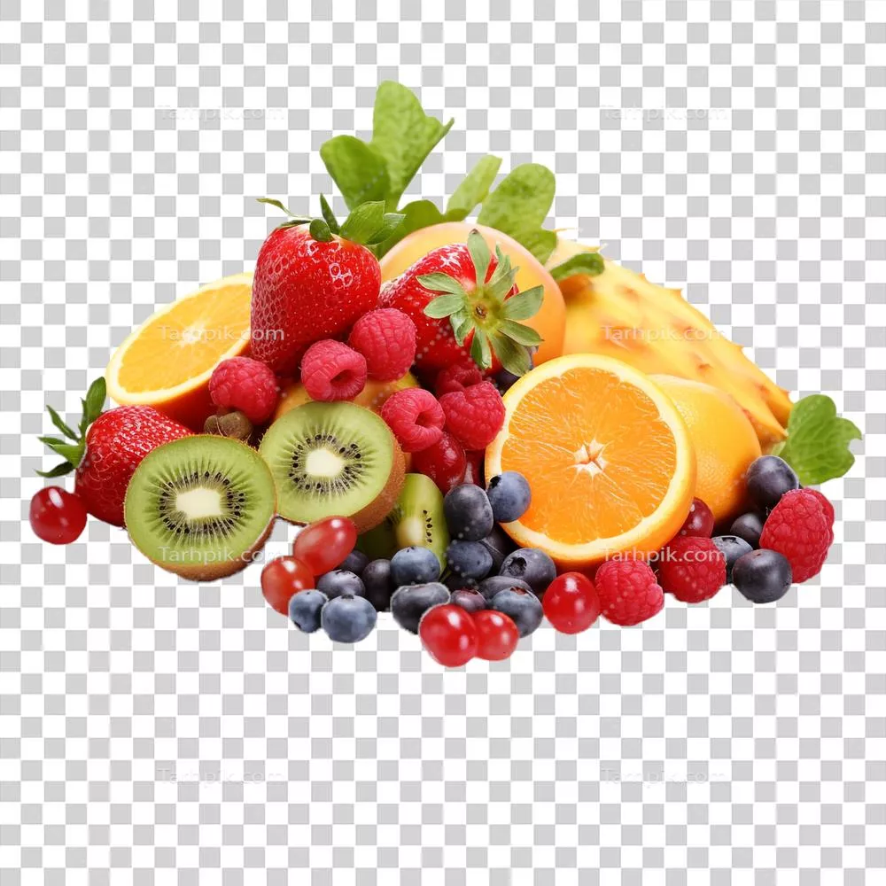 مخلوط میوههای تازه و خوشمزه در پسزمینهای ایزوله شده