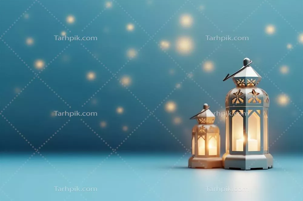 تبریک عید فطر و ماه رمضان با چراغ‌های اسلامی و مسجد - پس‌زمینه‌ای جذاب