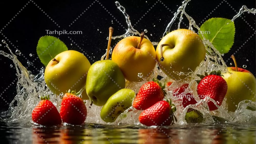 میوههای تازه و رسیده با افکت قطرات آب توتفرنگی به صورت هوش مصنوعی