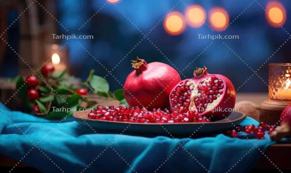 میوه های انار رسیده تولید شده با هوش مصنوعی بر روی میز چوبی با برگ های سبز