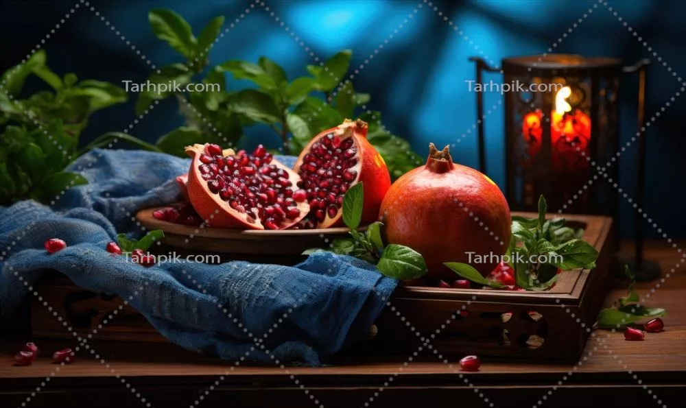انارهای رسیده تولید شده با هوش مصنوعی بر روی میز چوبی در اتاق تاریک