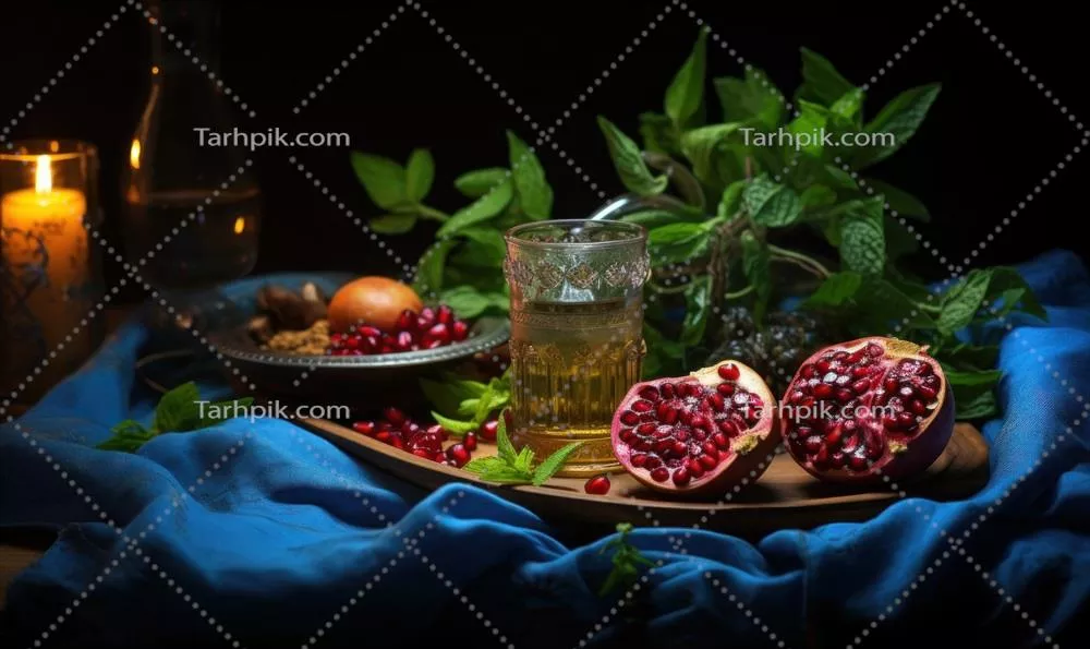 انارهای رسیده تولیدشده با هوش مصنوعی بر روی میز چوبی در اتاق تاریک