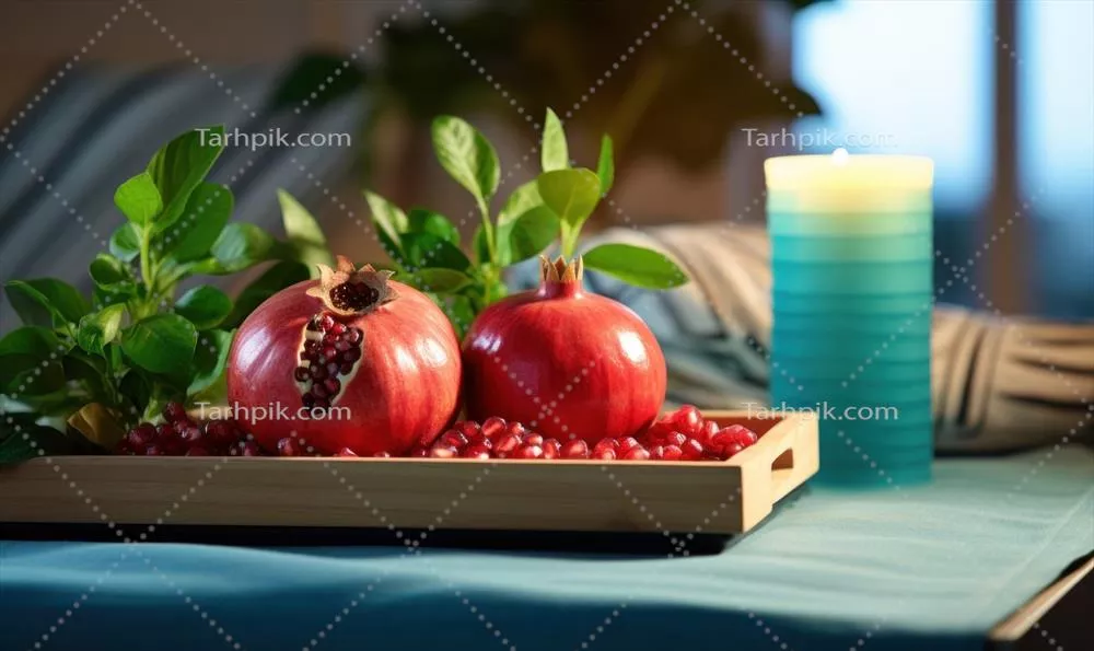 چندین لایه دسر گرم شکلات با انار و مارشمالو روی پسزمینه چوبی