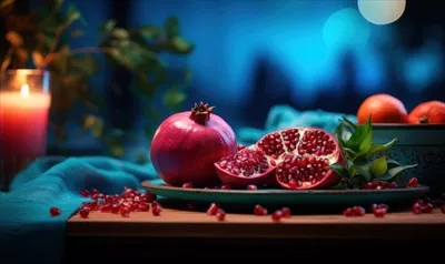انار رسیده ایجاد شده با هوش مصنوعی بر روی پس زمینه چوبی با تمرکز انتخابی