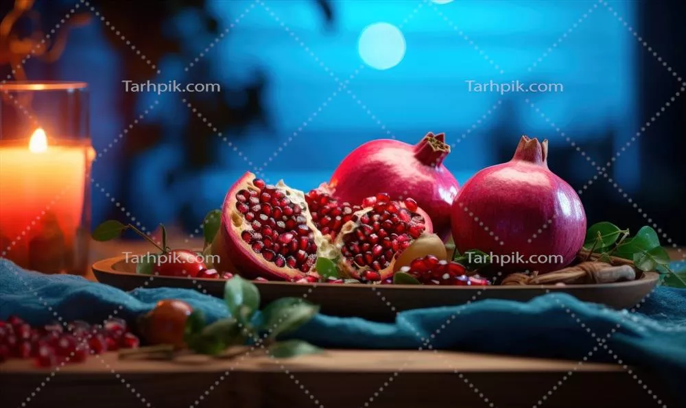 انار رسیده با برگ‌های سبز و شمع شعله‌ور - تصویری جذاب از طبیعت و هنر دیجیتال