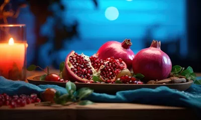 انار رسیده با برگهای سبز و شمع شعلهور - تصویری جذاب از طبیعت و هنر دیجیتال