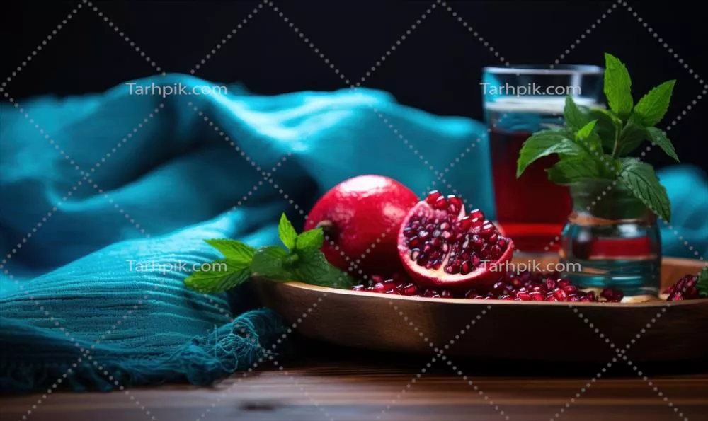 شکلات داغ تهیه شده با هوش مصنوعی با انار و مارشمالو در پس زمینه چوبی