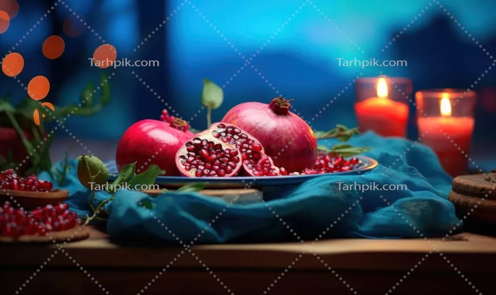 تصویر انار رسیده تولید شده توسط هوش مصنوعی بر روی زمینه چوبی