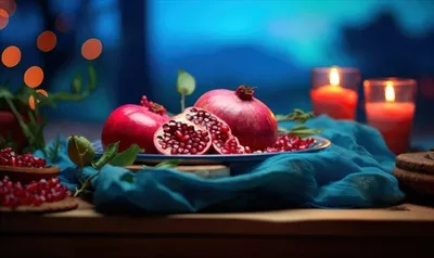 تصویر انار رسیده تولید شده توسط هوش مصنوعی بر روی زمینه چوبی