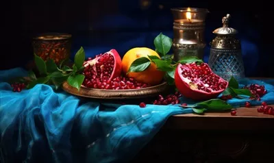 تصویر میوههای انار رسیده تولید شده توسط هوش مصنوعی با برگهای سبز روی میز چوبی