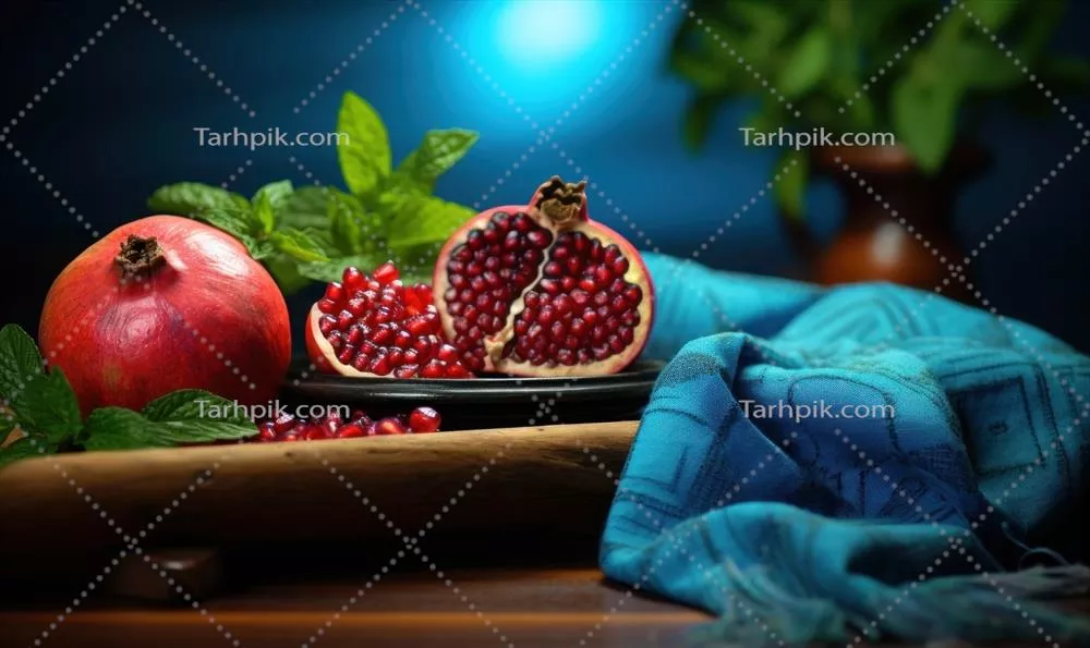 تولید شده توسط هوش مصنوعی: انار رسیده بر روی میز چوبی در اتاق تاریک