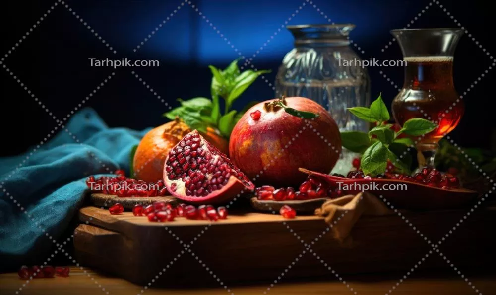 انارهای رسیده تولید شده با هوش مصنوعی بر روی میز چوبی در اتاق تاریک