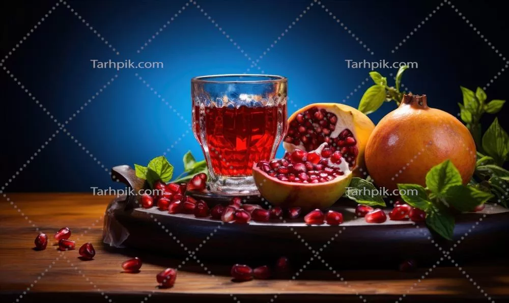 انار رسیده تولید شده با هوش مصنوعی بر روی پس زمینه چوبی با تمرکز انتخابی